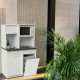  	Surmeuble pour espace café professionnel coloris blanc en bois avec rangements pouvant accueillir plusieurs micro-ondes