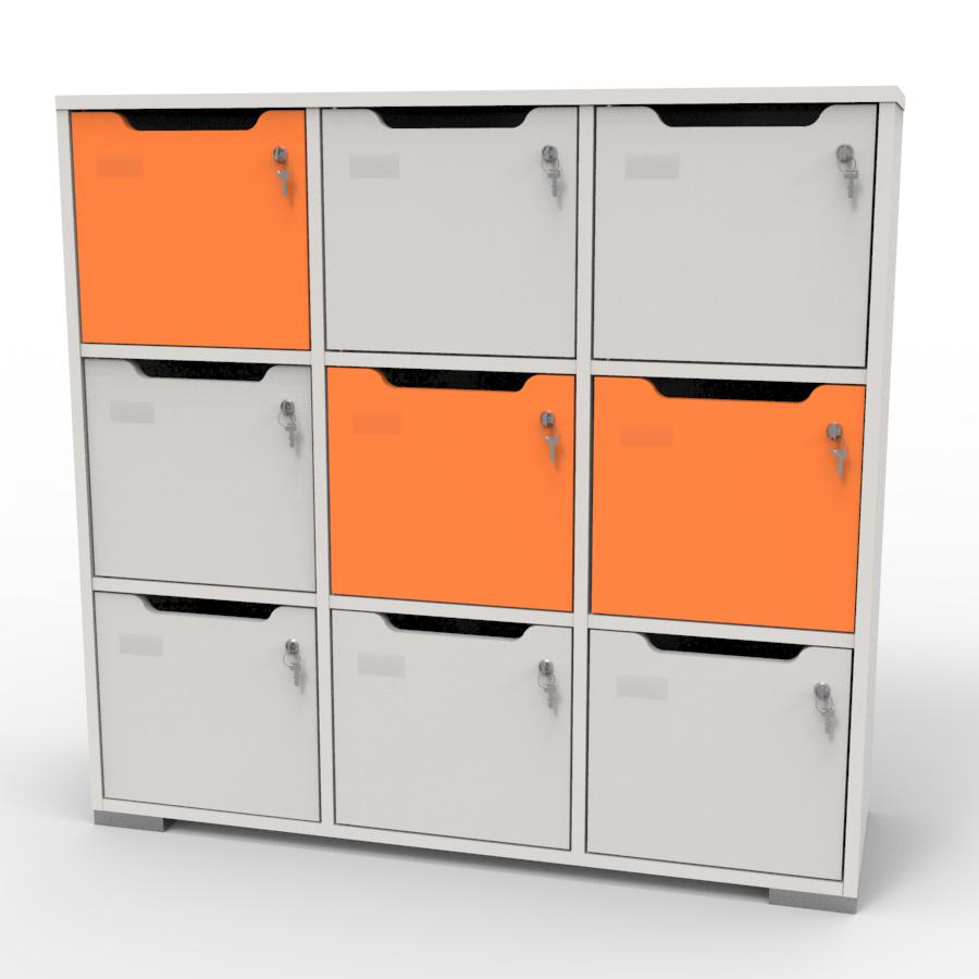 Meuble casier en bois blanc-orange correspondant aux attentes et besoins des vestiaires collectifs et salles de sport dans des entreprises et collectivités